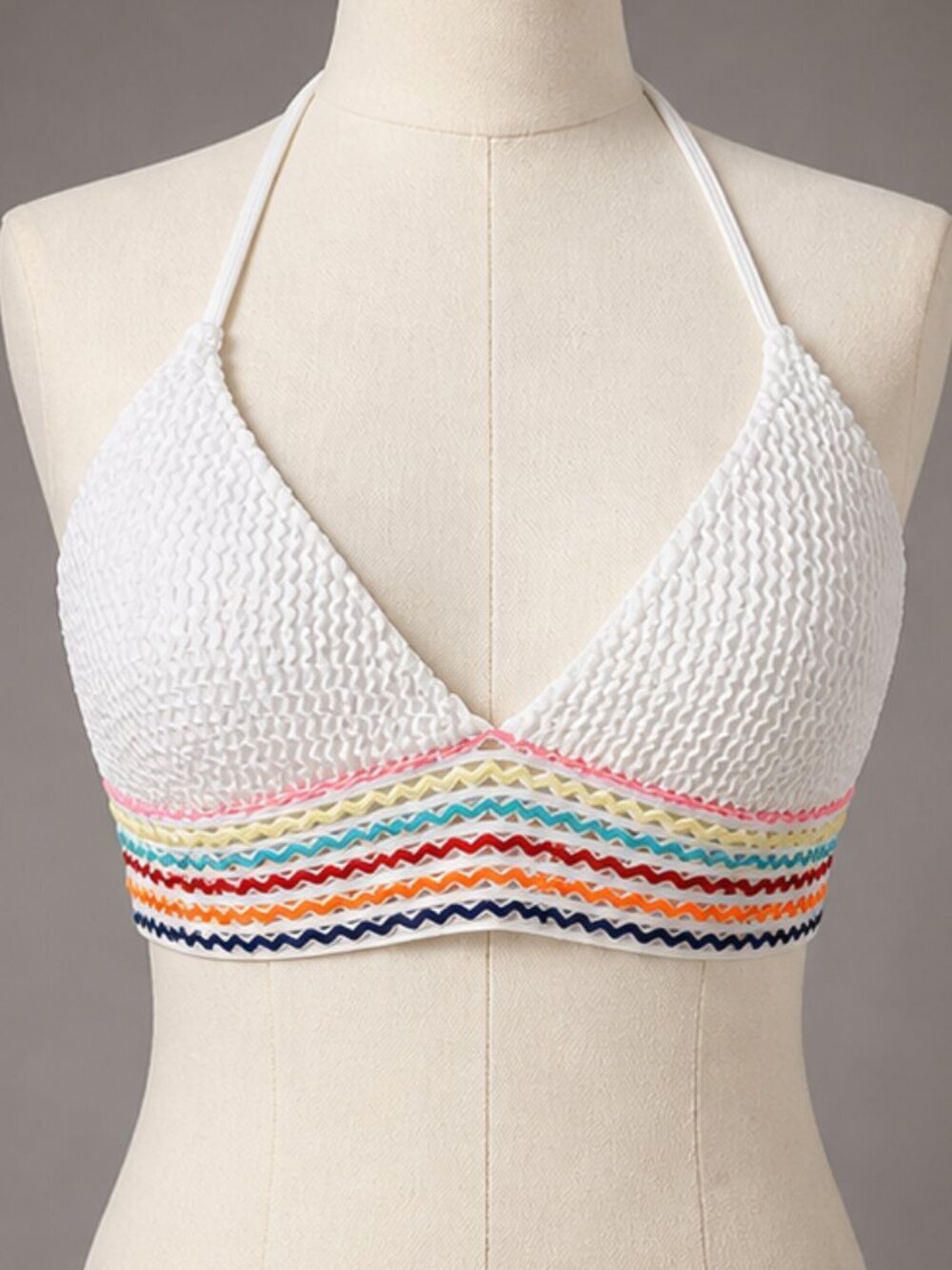 White Textured Bikini Top Triangle Halter Multicolor Band L